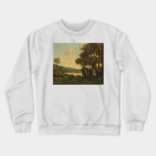 Tranquil Landscape Painting - Classic French Artwork with Trees, Water, and Hills Crewneck Sweatshirt